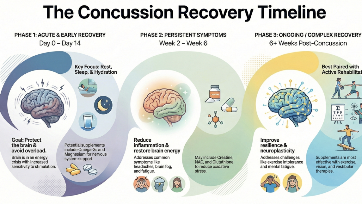 Infographic showing a concussion recovery timeline divided into three phases: acute and early recovery (days 0–14) focusing on rest and brain protection; persistent symptoms (weeks 2–6) focusing on reducing inflammation and restoring brain energy; and ongoing or complex recovery (6+ weeks) focusing on resilience, neuroplasticity, and active rehabilitation alongside targeted supplements.