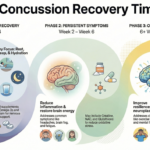 Infographic showing a concussion recovery timeline divided into three phases: acute and early recovery (days 0–14) focusing on rest and brain protection; persistent symptoms (weeks 2–6) focusing on reducing inflammation and restoring brain energy; and ongoing or complex recovery (6+ weeks) focusing on resilience, neuroplasticity, and active rehabilitation alongside targeted supplements.