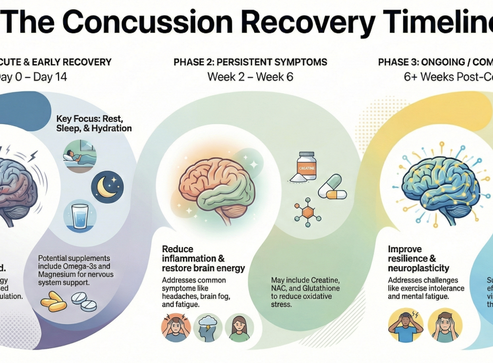 Infographic showing a concussion recovery timeline divided into three phases: acute and early recovery (days 0–14) focusing on rest and brain protection; persistent symptoms (weeks 2–6) focusing on reducing inflammation and restoring brain energy; and ongoing or complex recovery (6+ weeks) focusing on resilience, neuroplasticity, and active rehabilitation alongside targeted supplements.