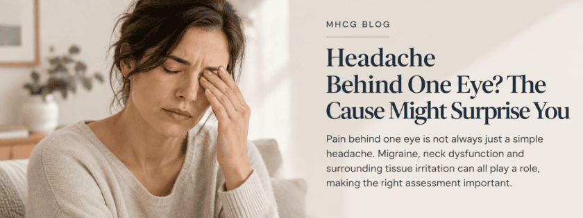 Woman experiencing a headache behind one eye, illustrating possible migraine or neck-related headache causes.