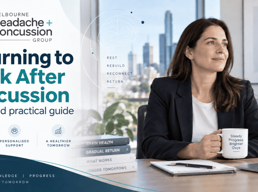 Returning to work after concussion. A woman sitting at her office desk, illustrating a gradual return to work following a concussion.